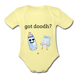 Got doodh? - Organic Short Sleeve Baby Bodysuit - washed yellow