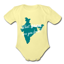 Load image into Gallery viewer, What gaam are you from? Organic Short Sleeve Baby Bodysuit - washed yellow
