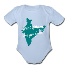 Load image into Gallery viewer, What gaam are you from? Organic Short Sleeve Baby Bodysuit - sky
