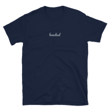 Load image into Gallery viewer, Embroidered Navy Unisex Tee that says Benchod which is an Indian curse word. Ben means sister and chod is the F word

