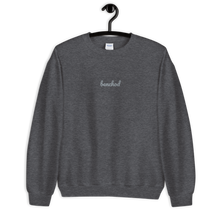 Load image into Gallery viewer, Embroidered Gray Unisex Sweatshirt that says Benchod which is an Indian curse word. Ben means sister and chod is the F word
